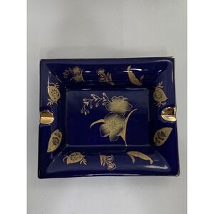 Cobalt Blue and Gold Floral Cigar Ashtray Rectangle Decorative 7.3/4 X 6.5
